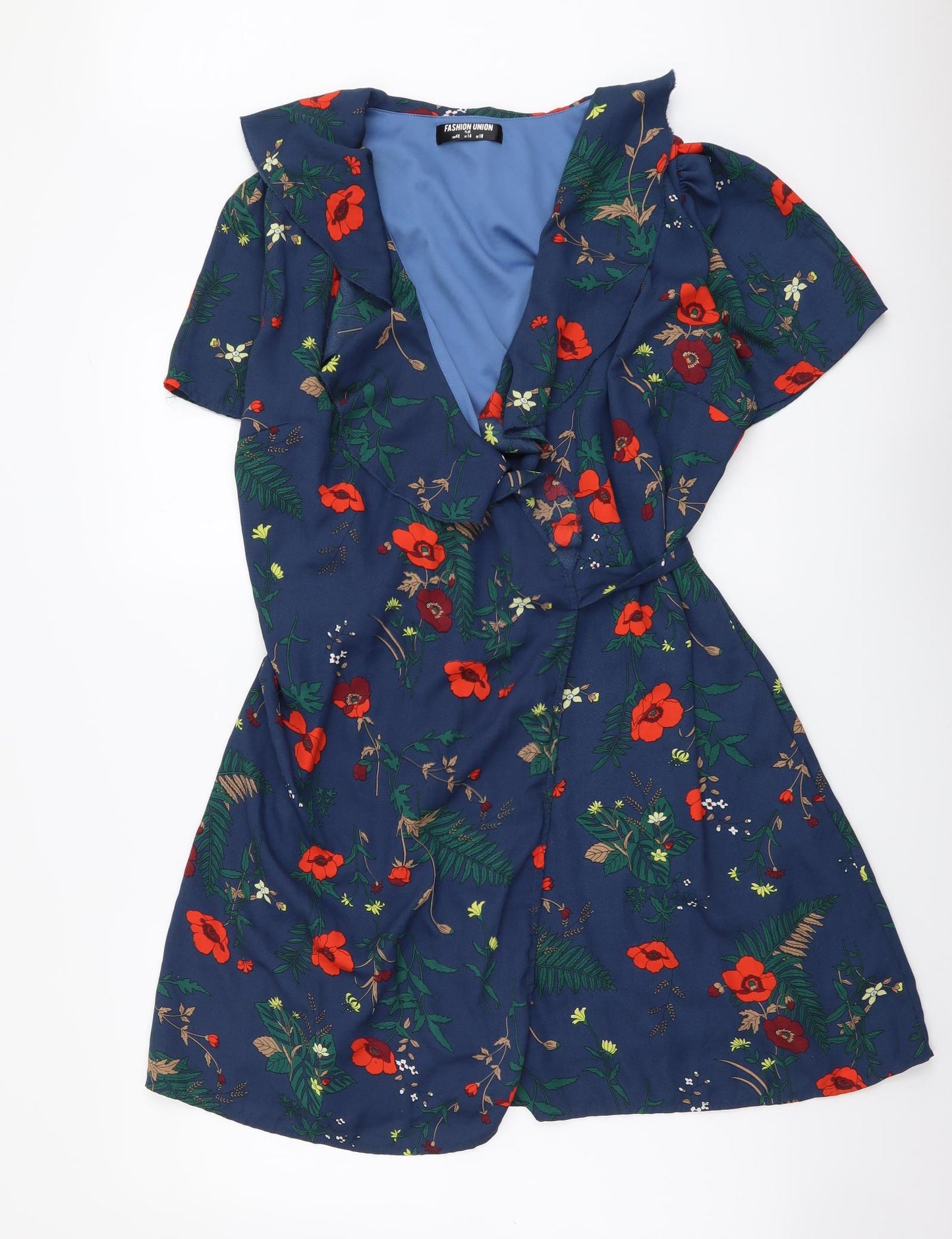 Fashion Union Womens Blue Floral Polyester Wrap Dress Size 18 V-Neck Tie