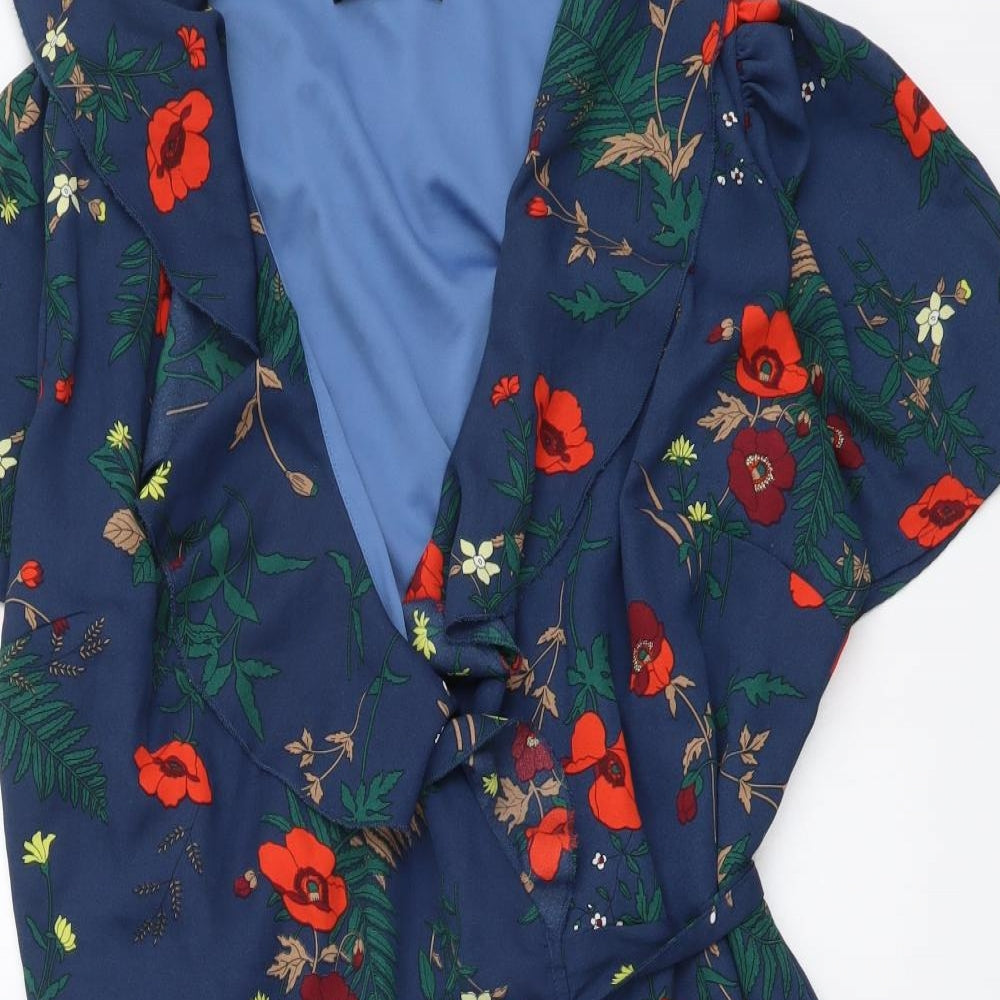 Fashion Union Womens Blue Floral Polyester Wrap Dress Size 18 V-Neck Tie