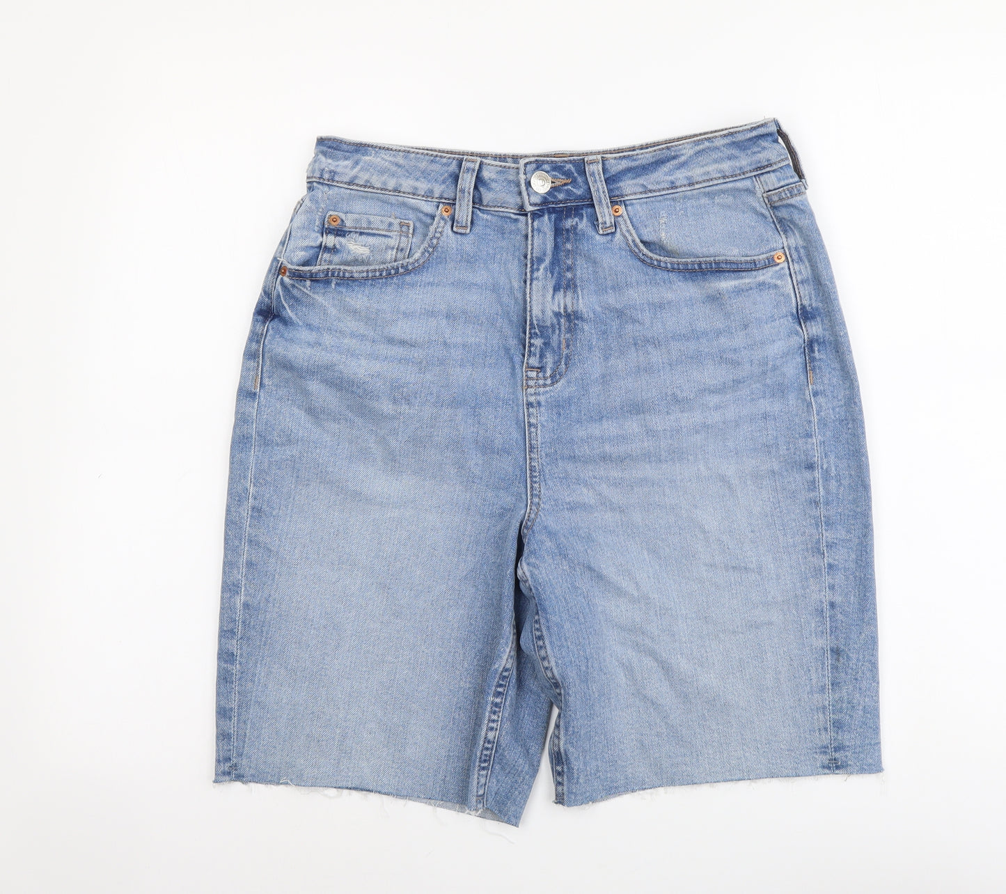 Marks and Spencer Womens Blue Cotton Bermuda Shorts Size 10 L8 in Regular Button