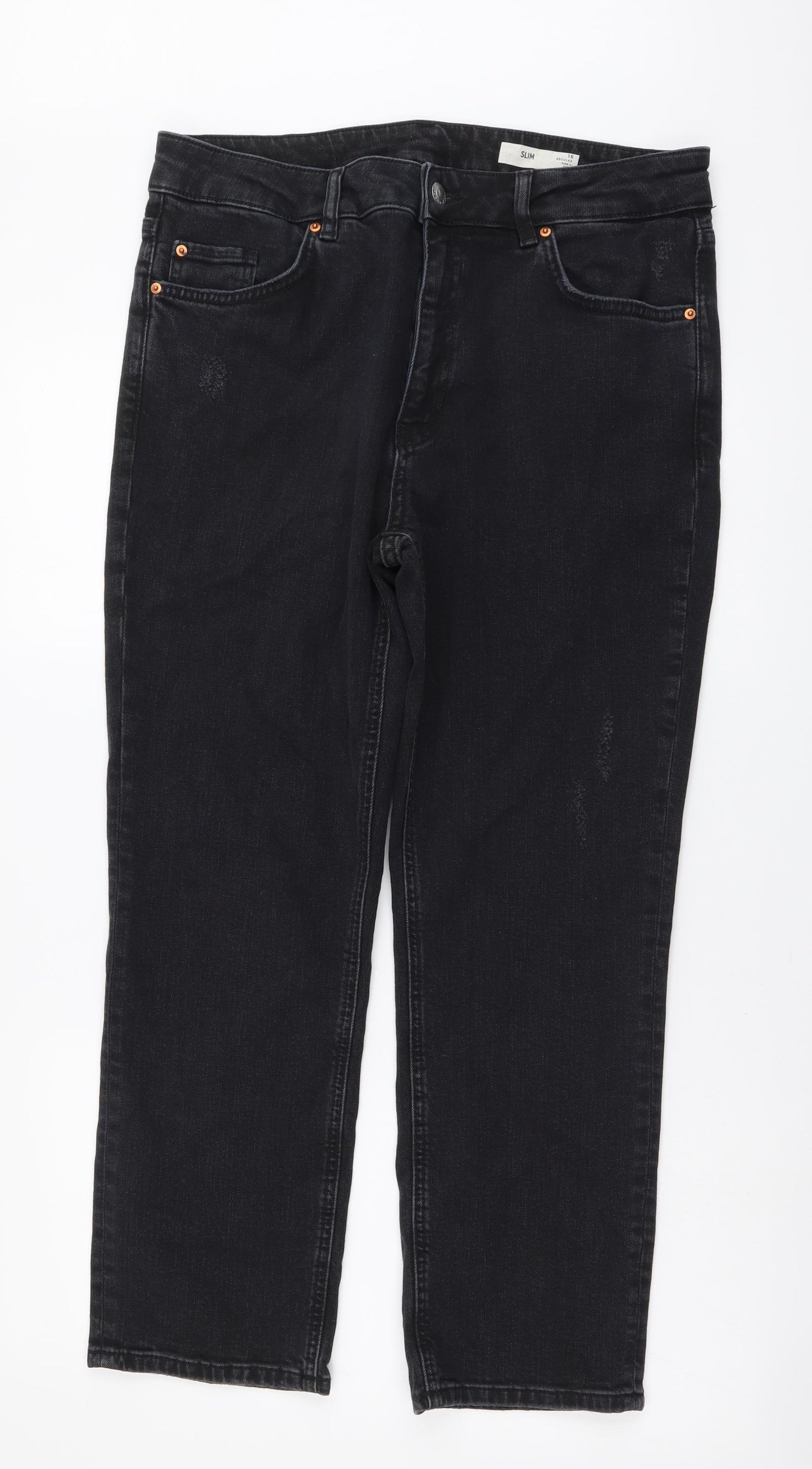 Marks and Spencer Womens Grey Cotton Straight Jeans Size 16 L26 in Slim Button