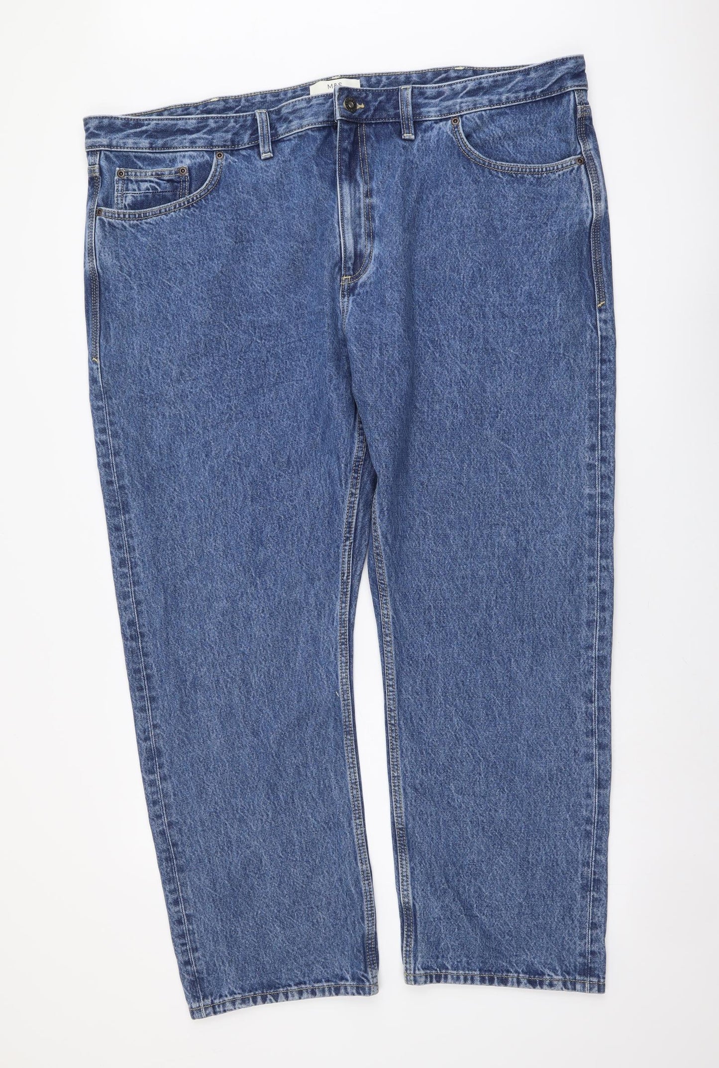Marks and Spencer Mens Blue Cotton Straight Jeans Size 44 in L31 in Regular Button