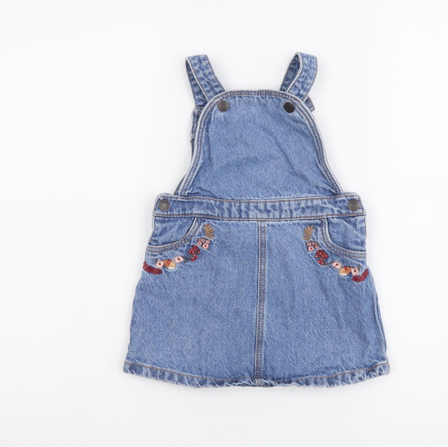 TU Girls Blue Cotton Pinafore/Dungaree Dress Size 2 Years Square Neck Pullover