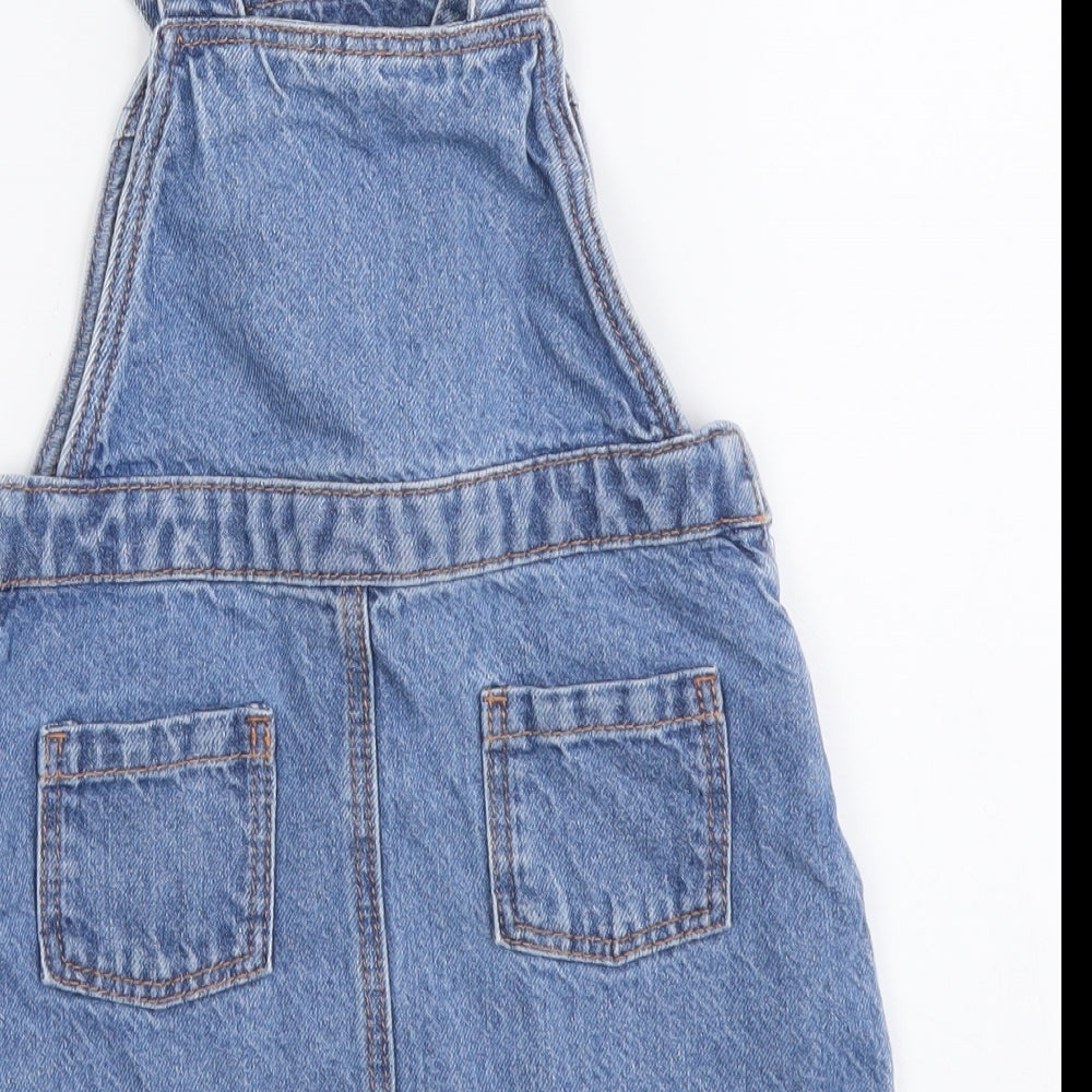 TU Girls Blue Cotton Pinafore/Dungaree Dress Size 2 Years Square Neck Pullover