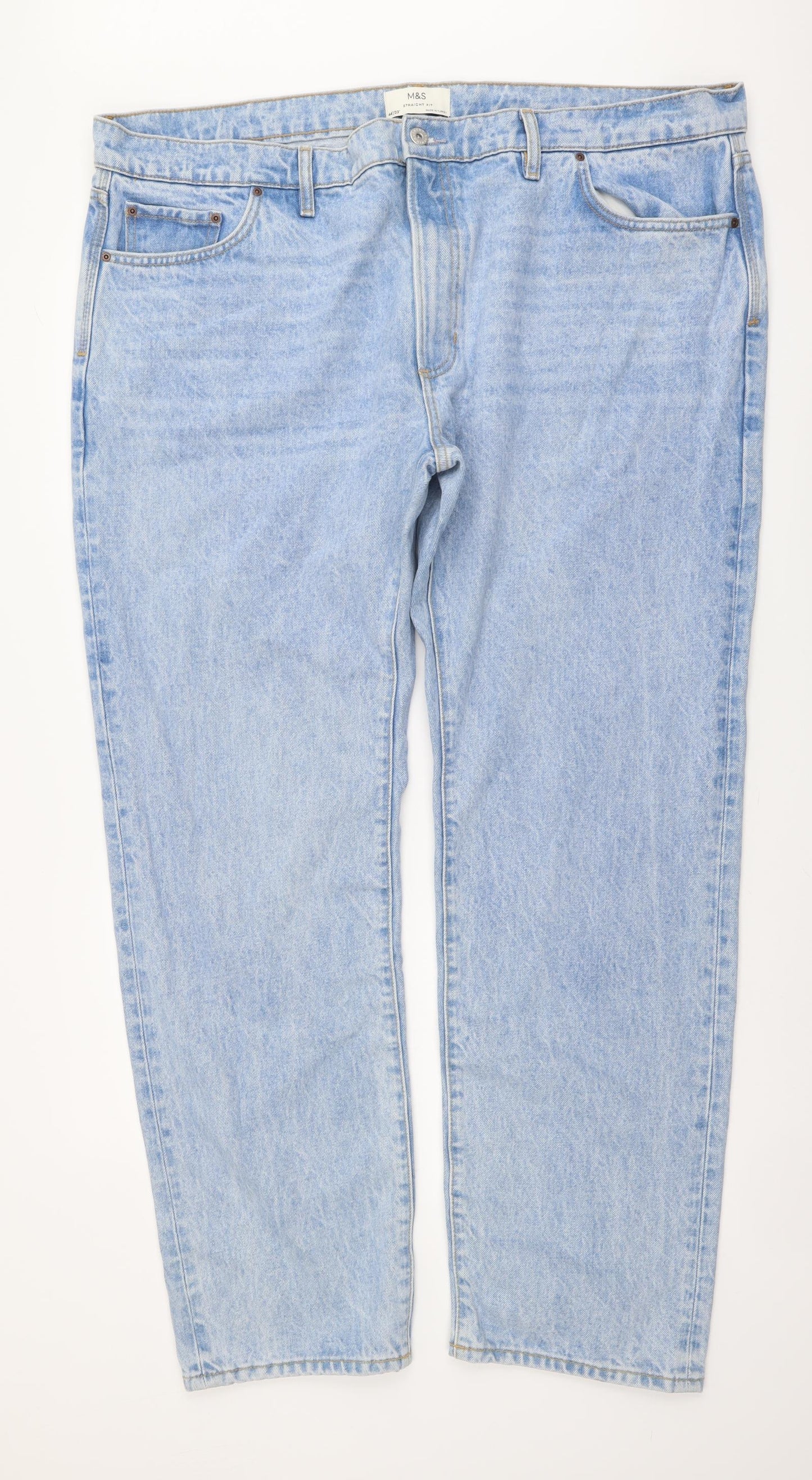 Marks and Spencer Mens Blue Cotton Straight Jeans Size 44 in L33 in Regular Button