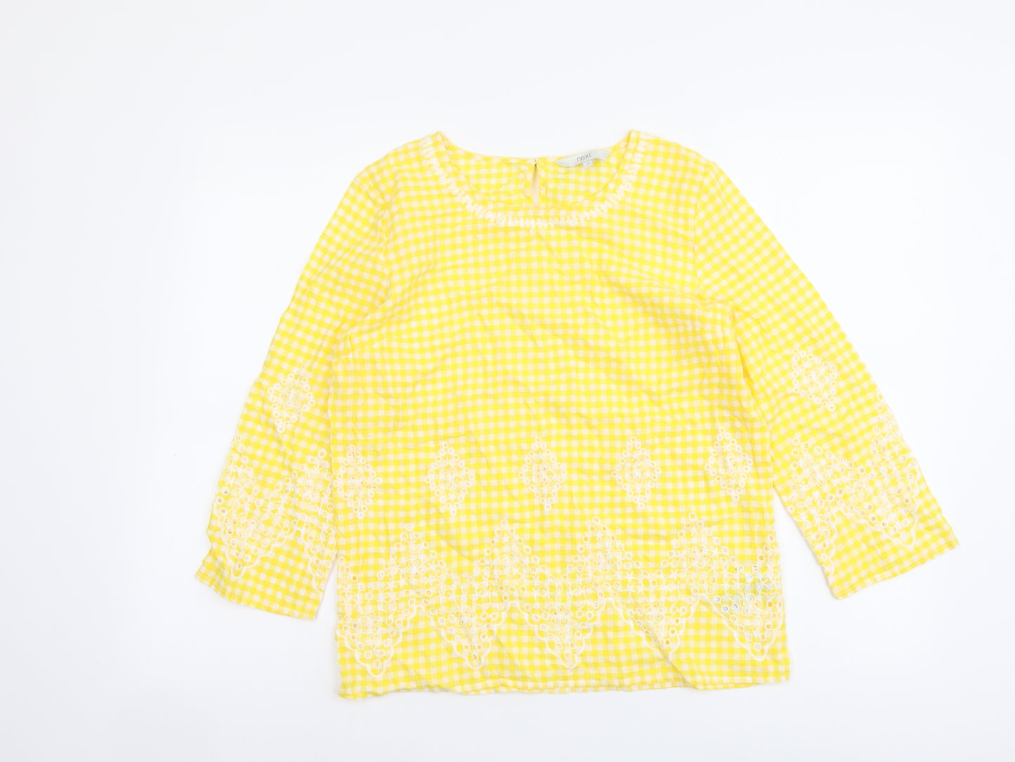 NEXT Womens Yellow Check Cotton Basic Blouse Size 6 Round Neck