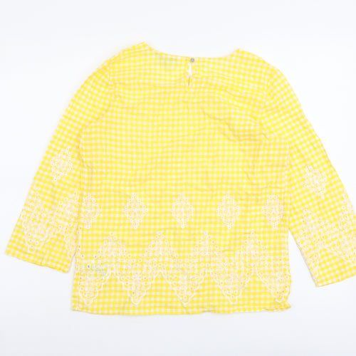 NEXT Womens Yellow Check Cotton Basic Blouse Size 6 Round Neck