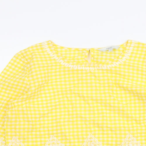 NEXT Womens Yellow Check Cotton Basic Blouse Size 6 Round Neck