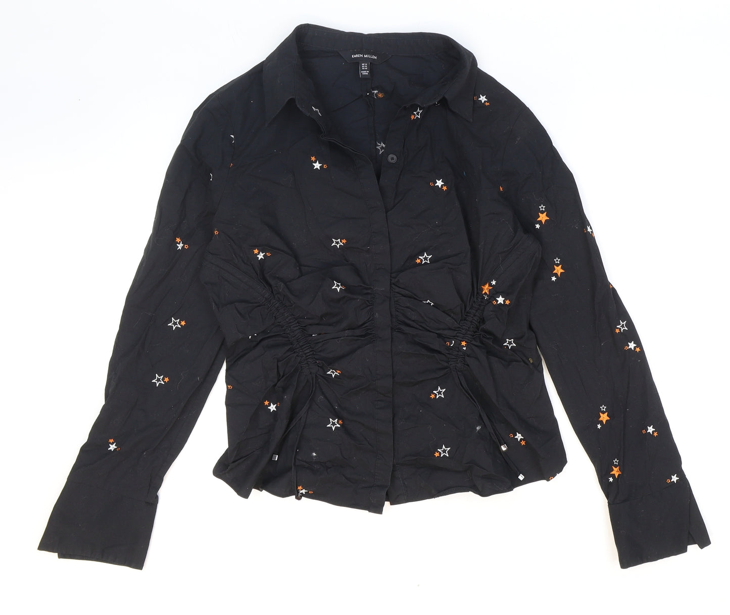 Karen Millen Womens Black Geometric Cotton Basic Button-Up Size 12 Collared - Stars