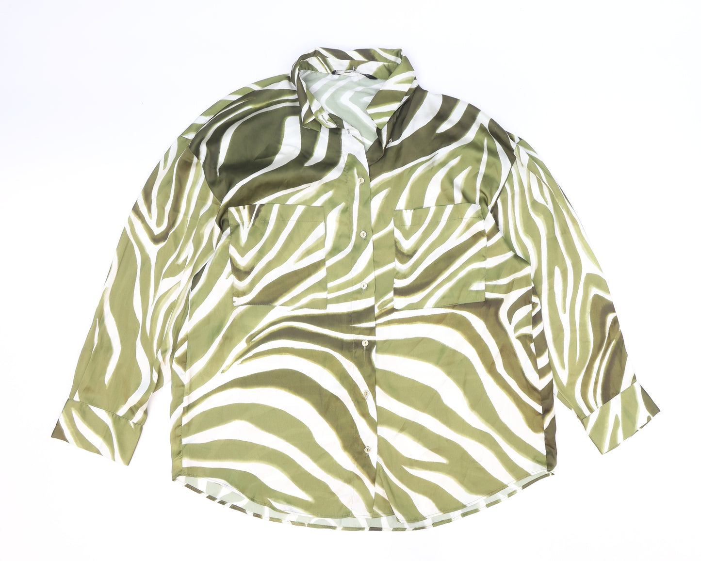 Zara Womens Green Animal Print Polyester Basic Button-Up Size S Collared - Zebra Print