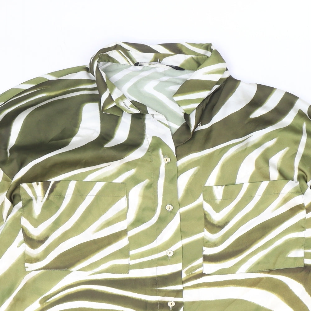 Zara Womens Green Animal Print Polyester Basic Button-Up Size S Collared - Zebra Print