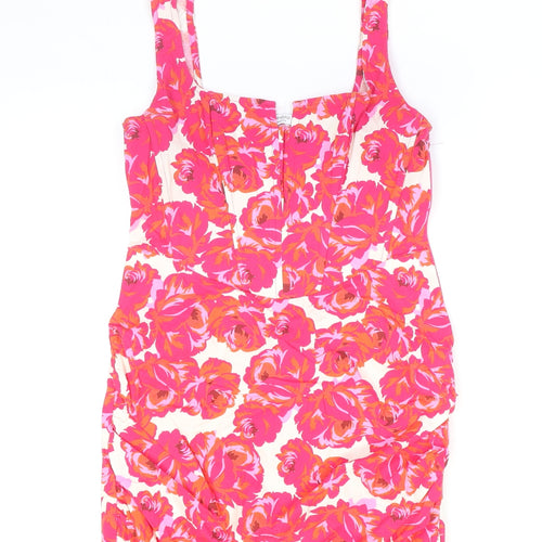 Stradivarius Womens Pink Floral Polyester Bodycon Size M V-Neck Zip