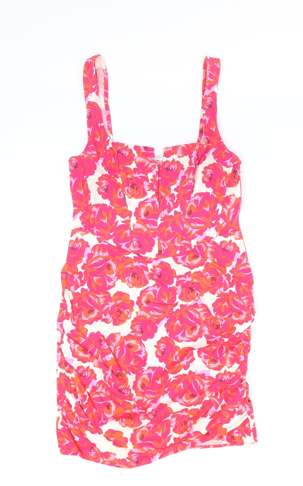 Stradivarius Womens Pink Floral Polyester Bodycon Size M V-Neck Zip