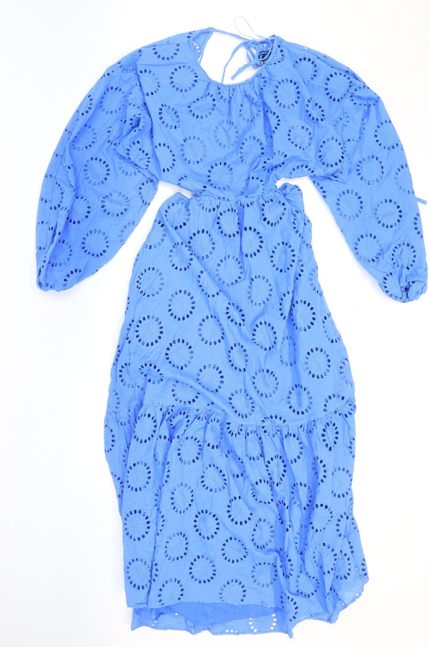 Zara Womens Blue Geometric Cotton Maxi Size S Round Neck Tie