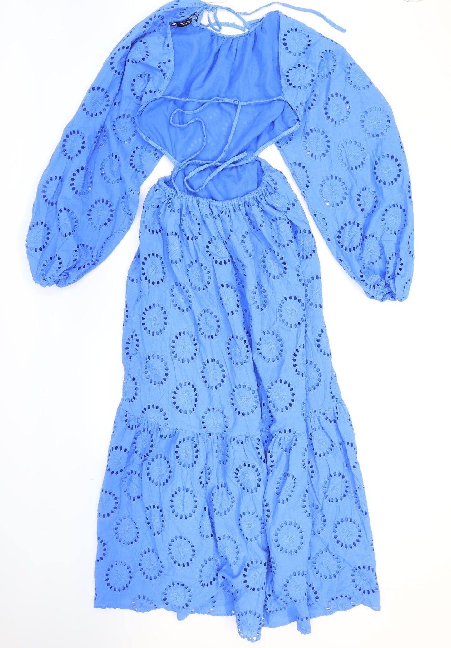 Zara Womens Blue Geometric Cotton Maxi Size S Round Neck Tie