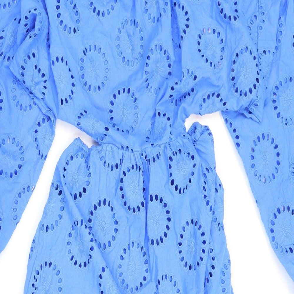 Zara Womens Blue Geometric Cotton Maxi Size S Round Neck Tie