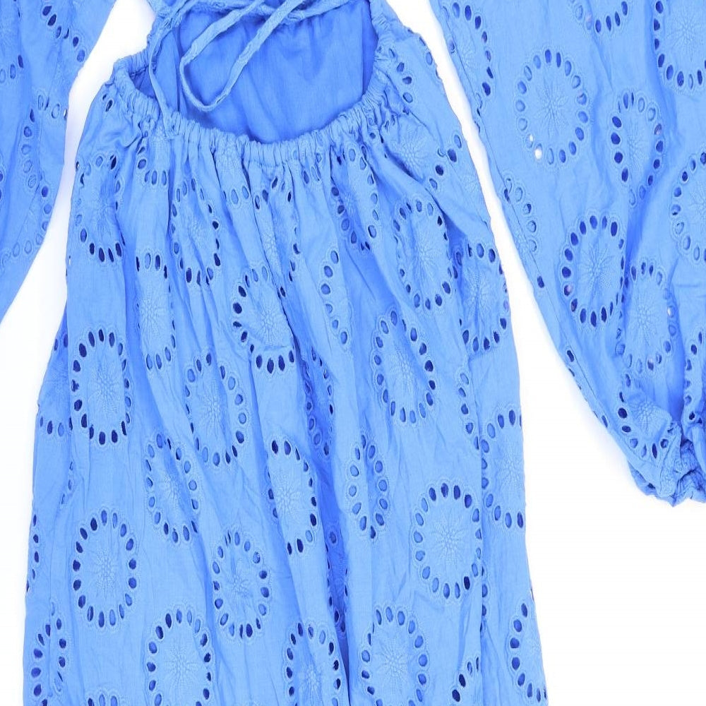 Zara Womens Blue Geometric Cotton Maxi Size S Round Neck Tie