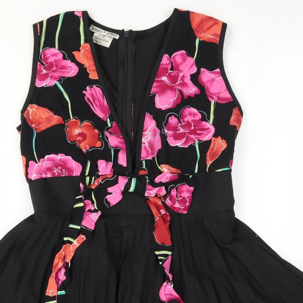 Jones + Jones Womens Black Floral Polyester Trapeze & Swing Size 10 V-Neck Zip
