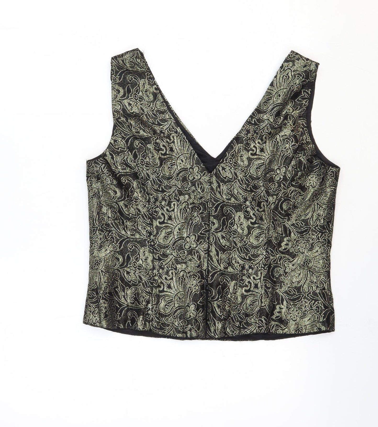 Caliendo Womens Gold Floral Acetate Basic Tank Size 8 V-Neck