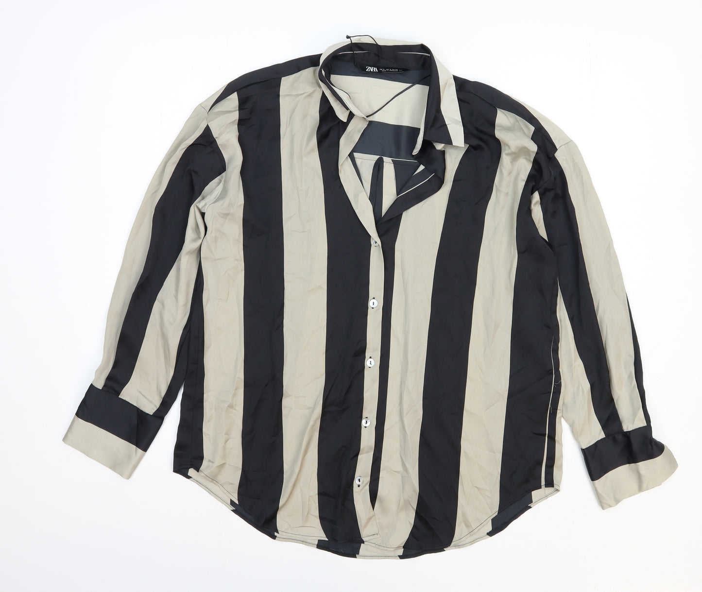 Zara Womens Black Striped Polyester Basic Button-Up Size S Collared