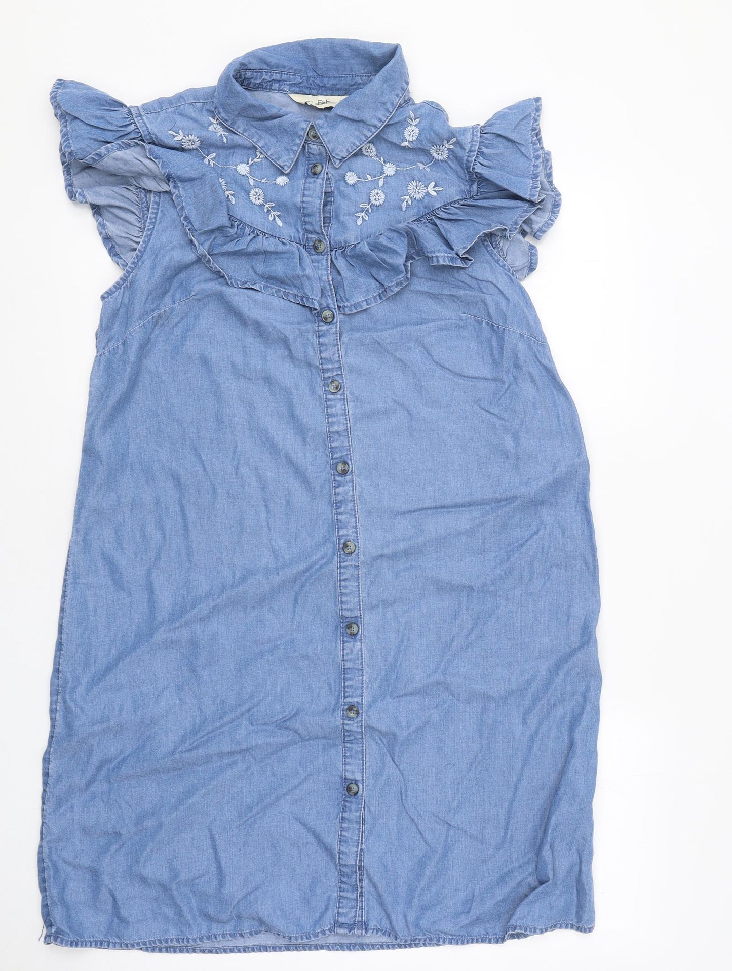 F&F Womens Blue Floral 100% Cotton Shirt Dress Size 10 Collared Button