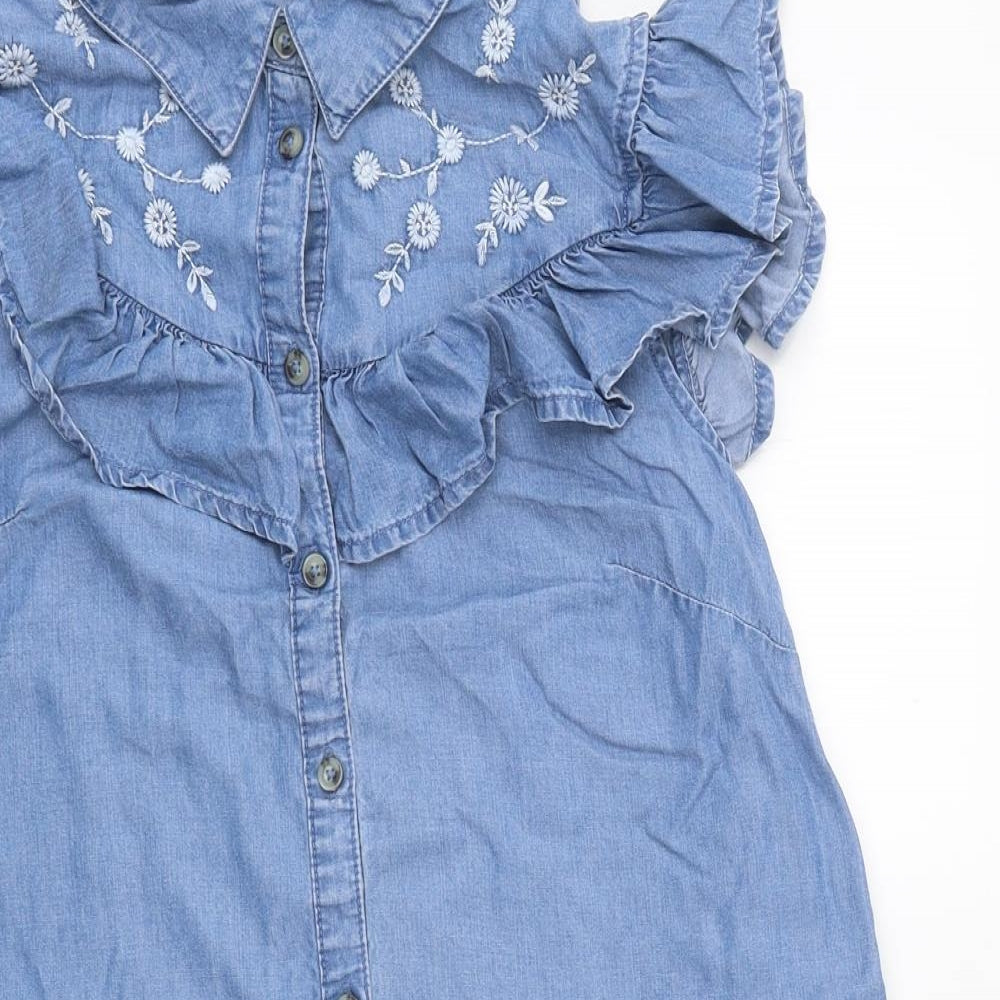 F&F Womens Blue Floral 100% Cotton Shirt Dress Size 10 Collared Button