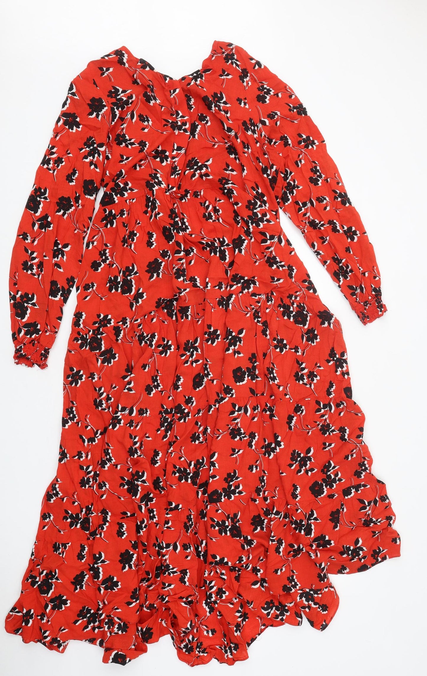 Zara Womens Red Floral Viscose Maxi Size L Round Neck Button