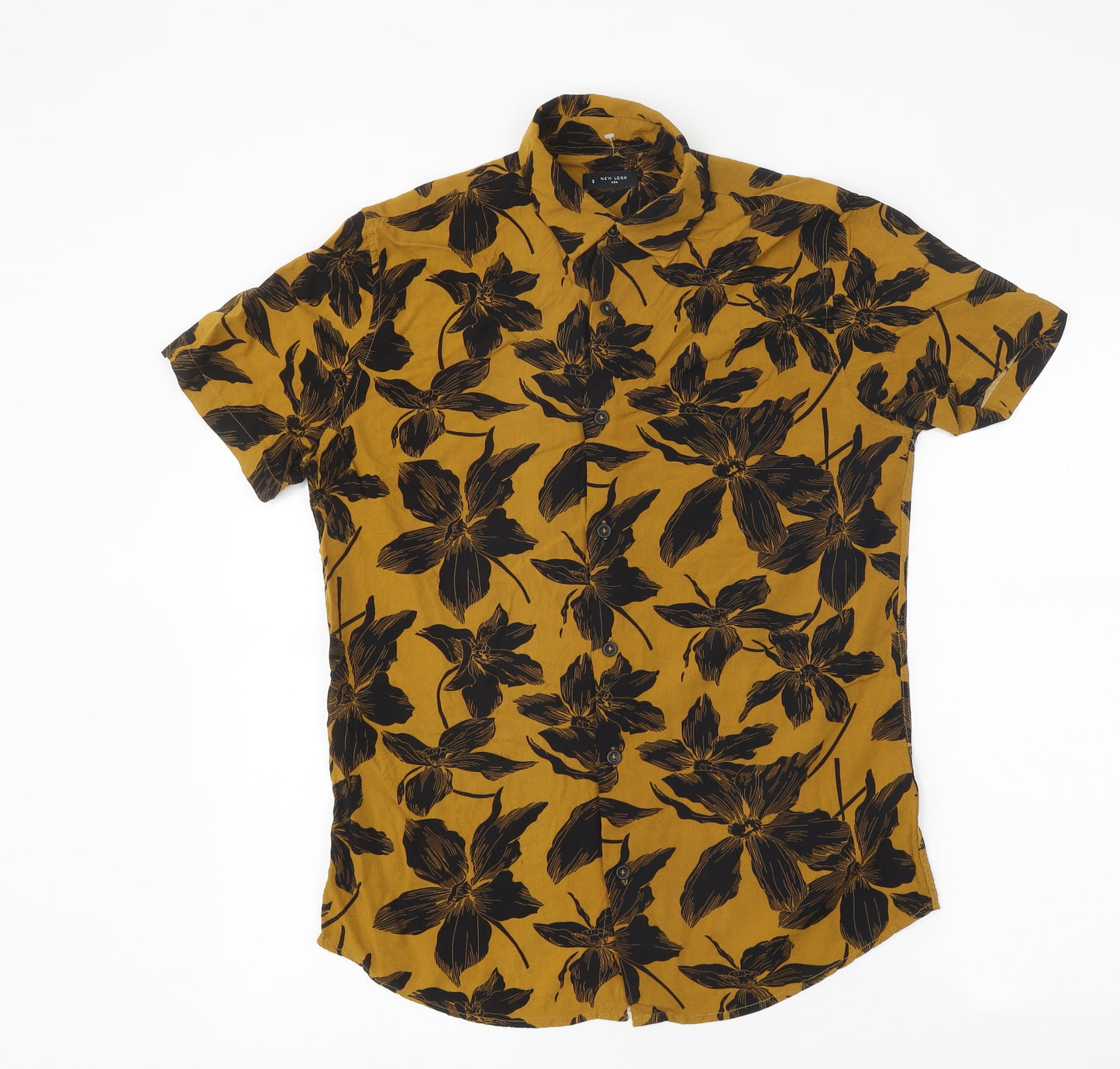 New Look Mens Yellow Floral Viscose T-Shirt Size S Collared