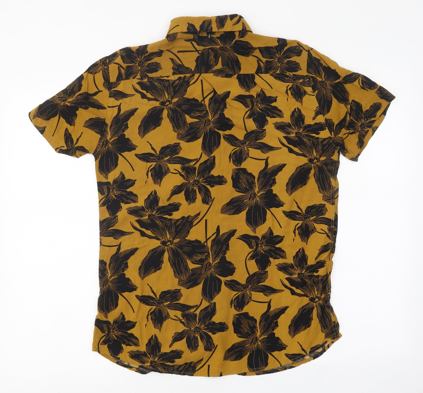 New Look Mens Yellow Floral Viscose T-Shirt Size S Collared