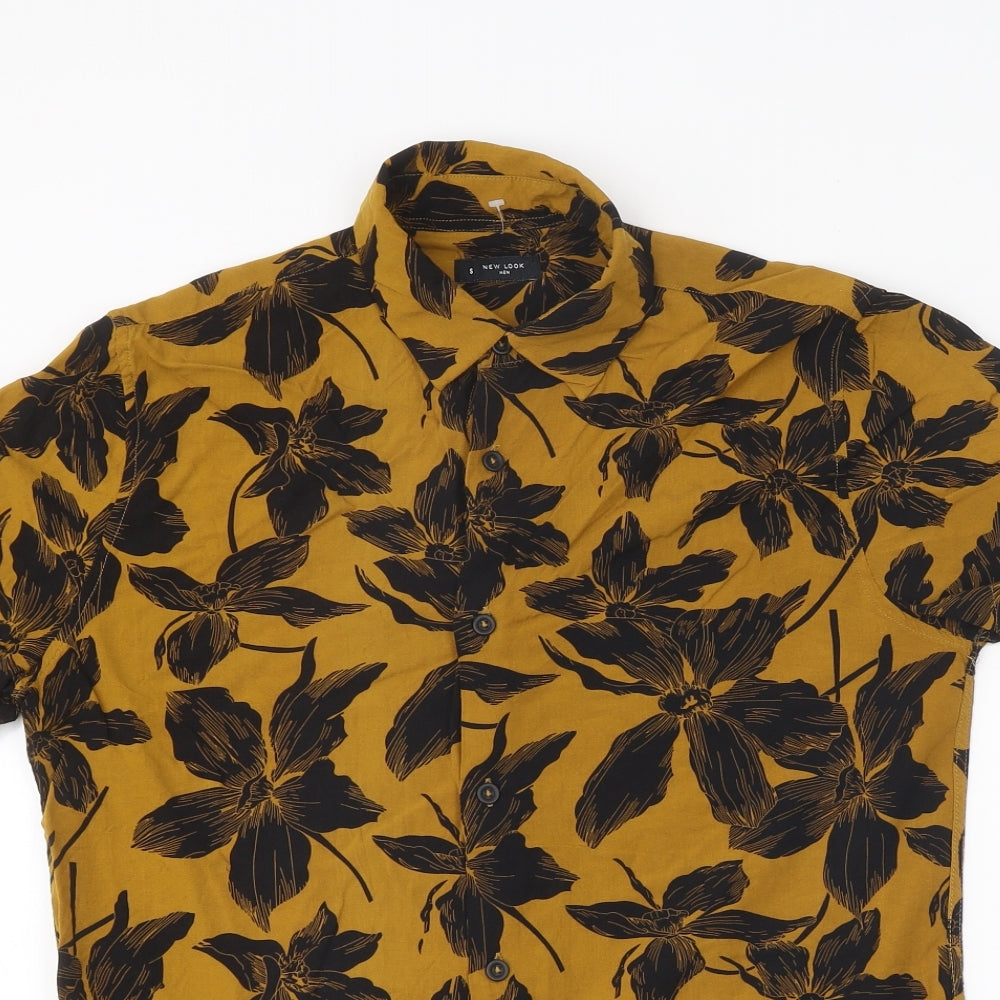 New Look Mens Yellow Floral Viscose T-Shirt Size S Collared