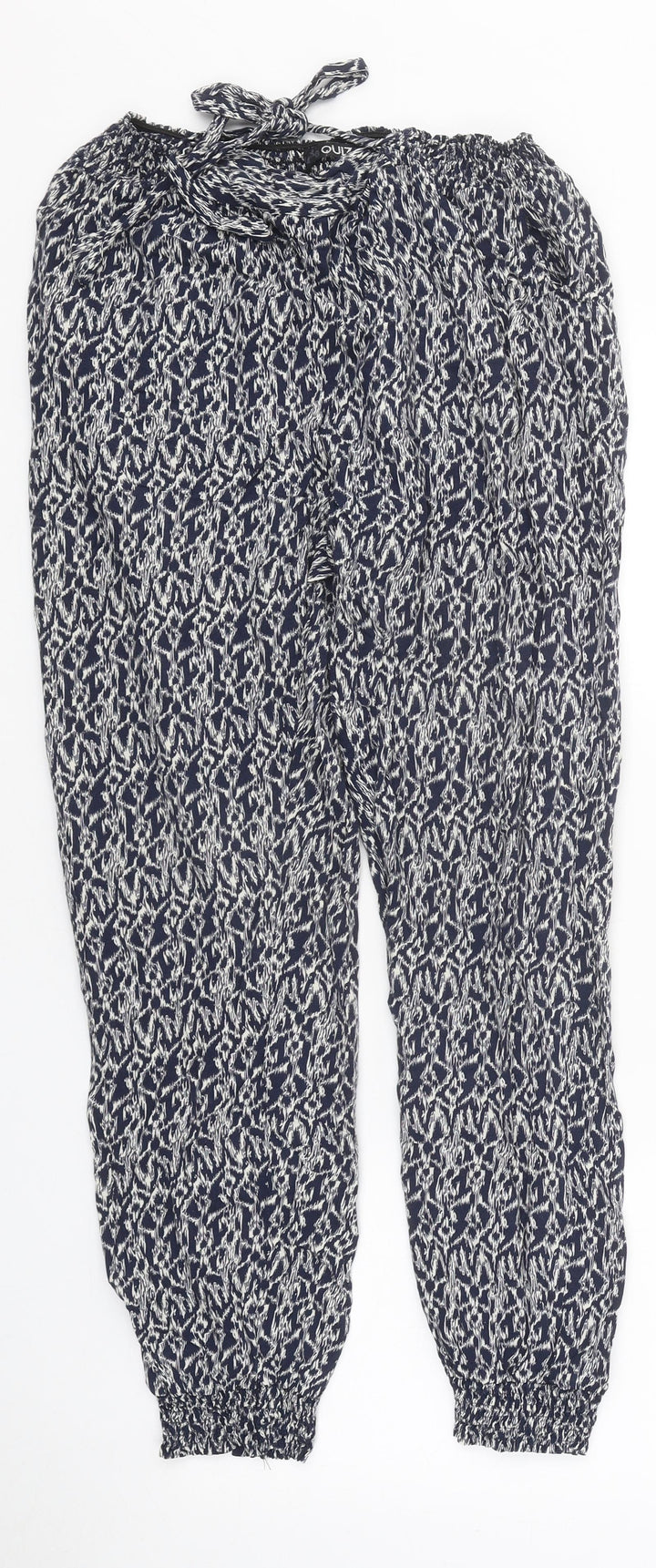 Quiz Womens Black Geometric Viscose Trousers Size 10 L27 in Regular Drawstring