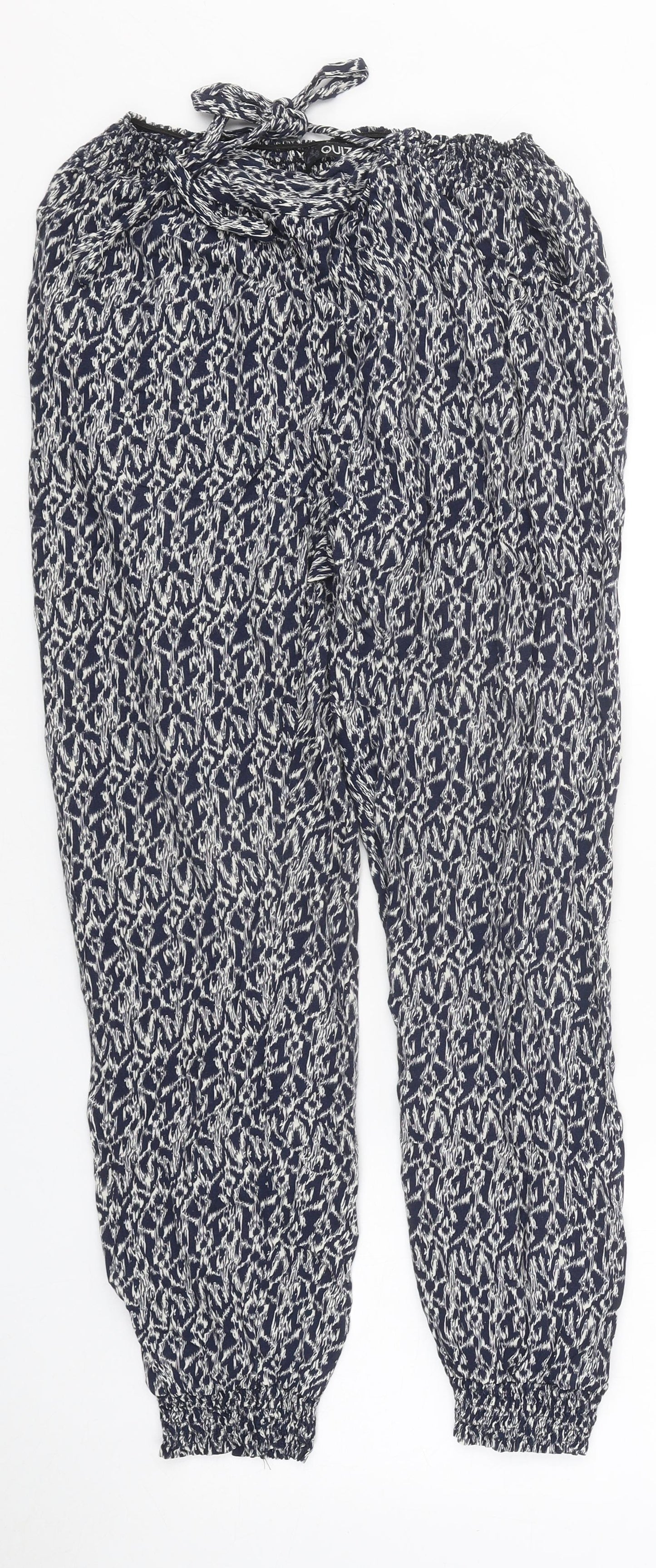 Quiz Womens Black Geometric Viscose Trousers Size 10 L27 in Regular Drawstring