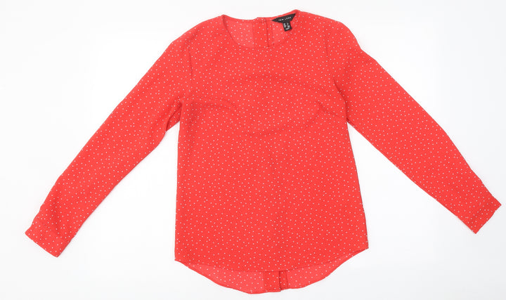 New Look Womens Red Polka Dot Polyester Basic Blouse Size 6 Round Neck