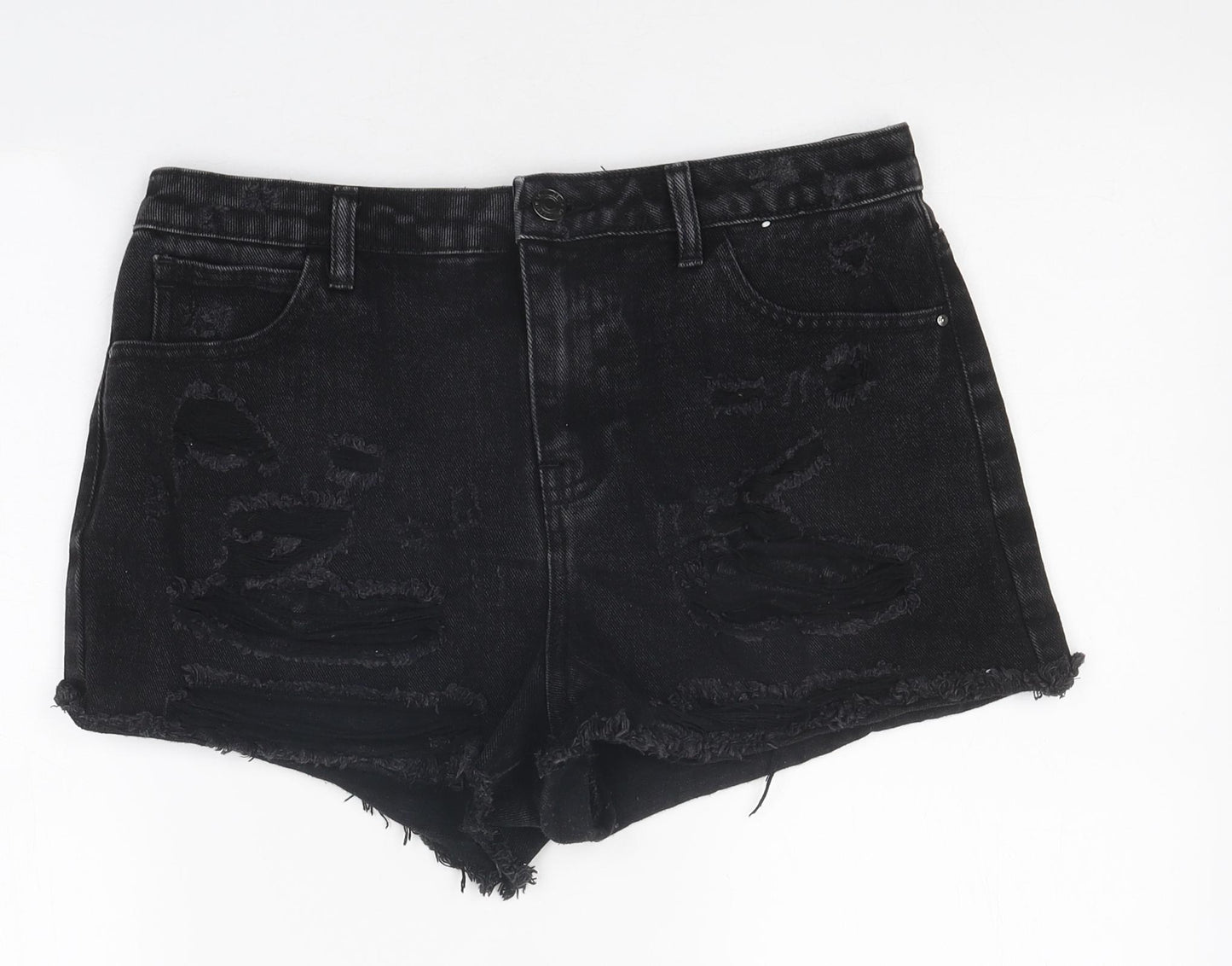 Primark Womens Black 100% Cotton Hot Pants Shorts Size 12 L12 in Regular Zip