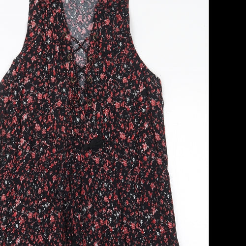 FOREVER 21 Womens Black Floral Viscose Sheath Size S V-Neck Pullover - Lace Up Detail