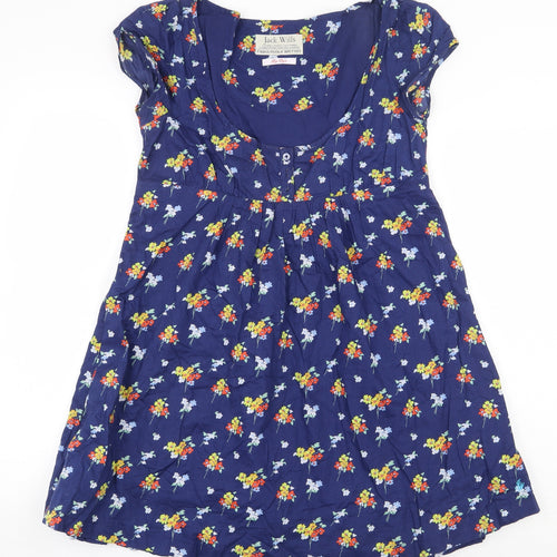 Jack Wills Womens Blue Floral 100% Cotton A-Line Size 8 Scoop Neck Button