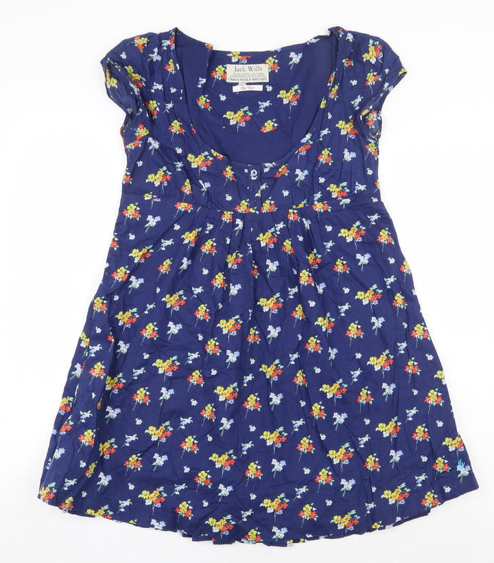 Jack Wills Womens Blue Floral 100% Cotton A-Line Size 8 Scoop Neck Button