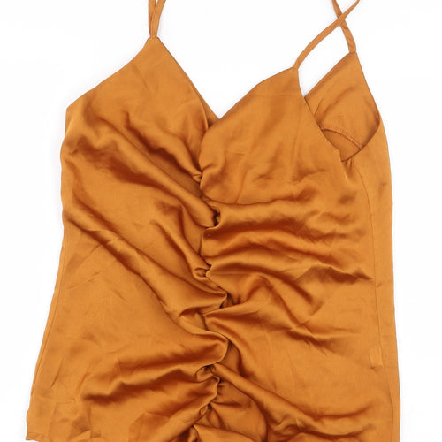 Boohoo Womens Yellow 100% Cotton Basic Blouse Size 10 V-Neck - Ruched