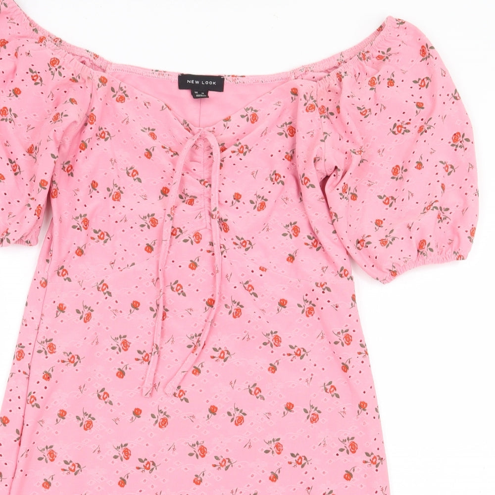 New Look Womens Pink Floral Polyester A-Line Size 10 Off the Shoulder Pullover