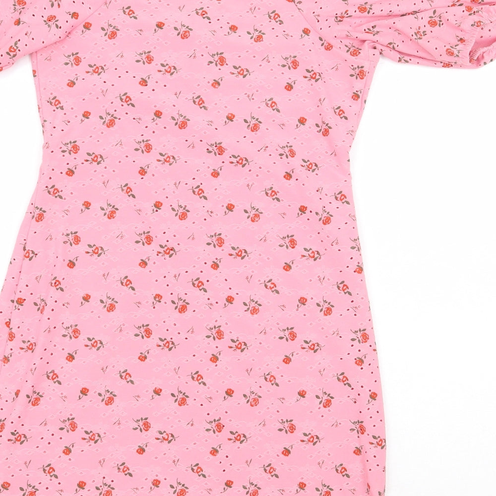 New Look Womens Pink Floral Polyester A-Line Size 10 Off the Shoulder Pullover