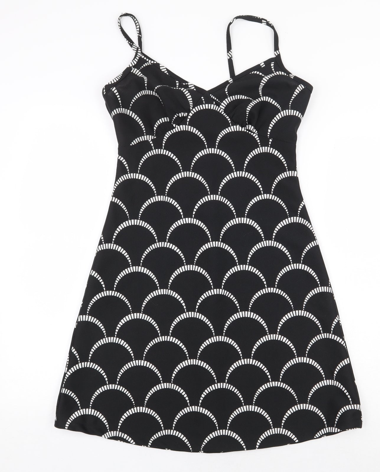 Preworn Womens Black Geometric Polyester A-Line Size 12 V-Neck Zip