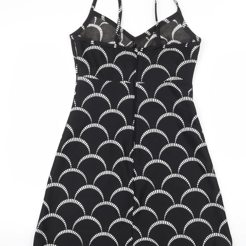 Preworn Womens Black Geometric Polyester A-Line Size 12 V-Neck Zip