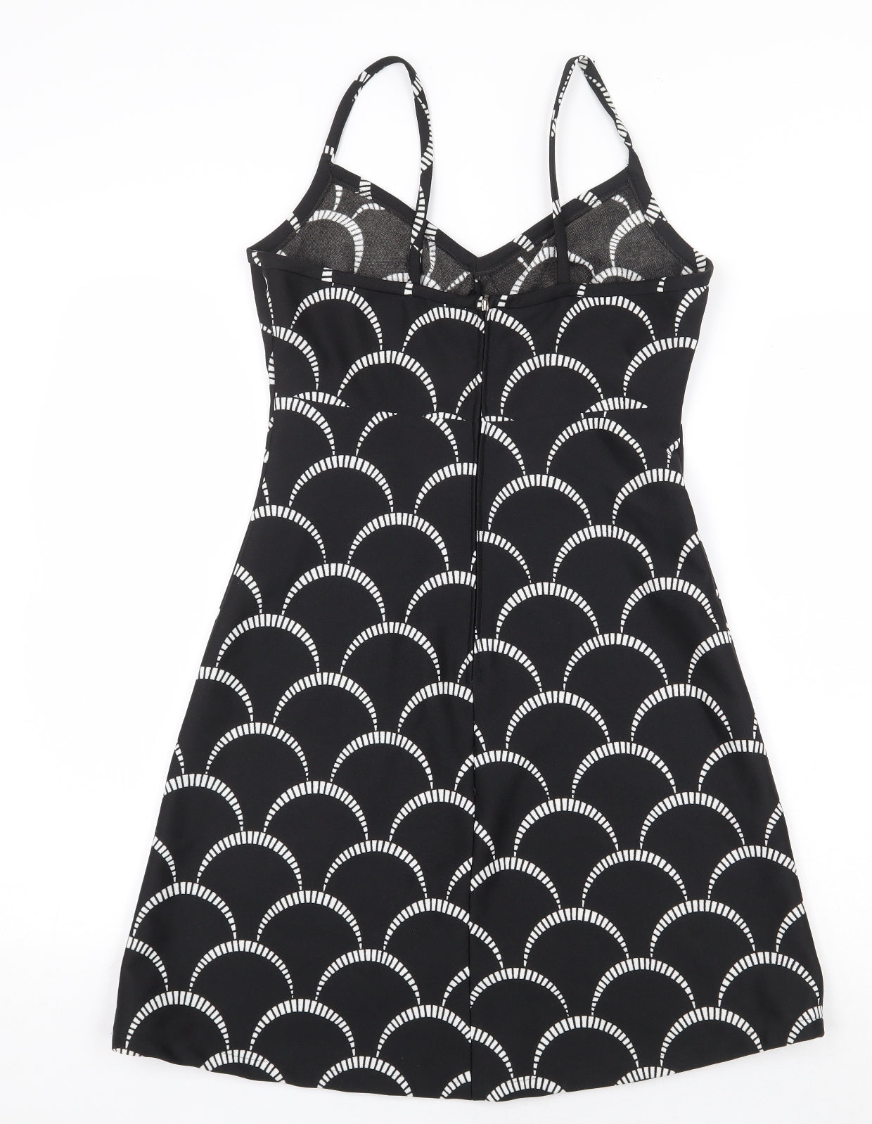 Preworn Womens Black Geometric Polyester A-Line Size 12 V-Neck Zip