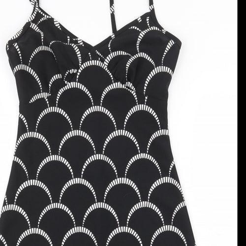 Preworn Womens Black Geometric Polyester A-Line Size 12 V-Neck Zip