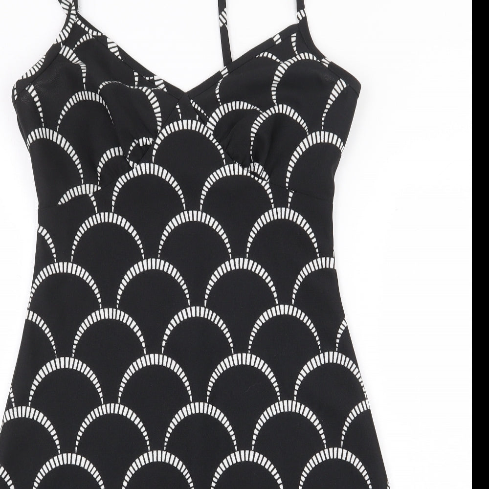 Preworn Womens Black Geometric Polyester A-Line Size 12 V-Neck Zip
