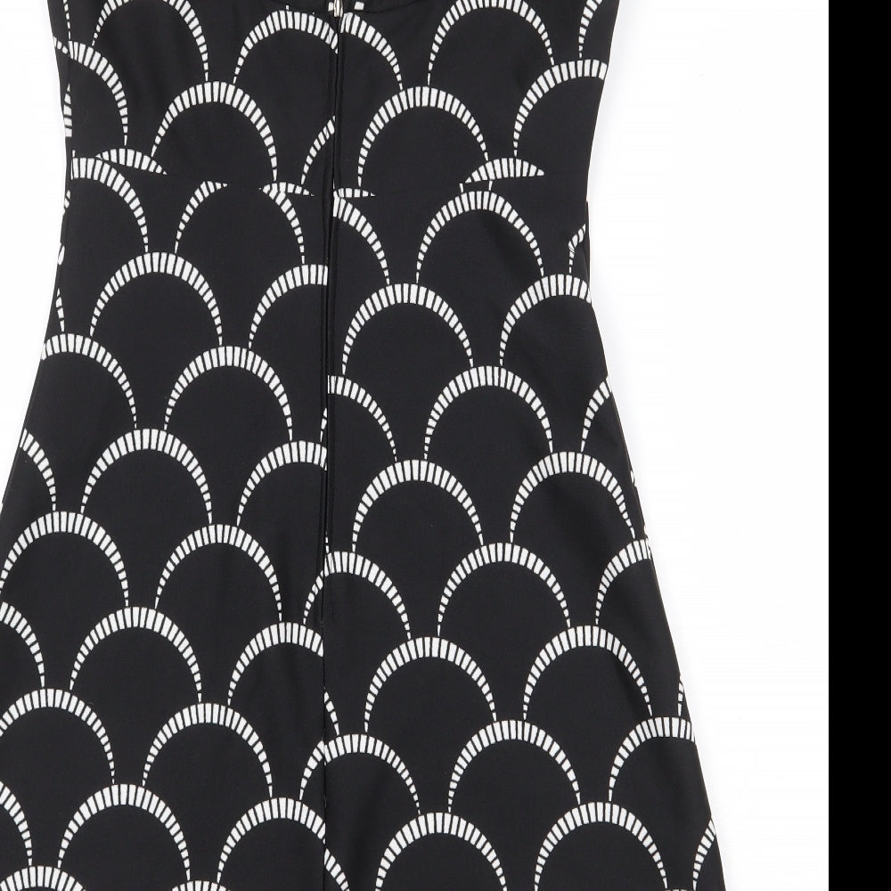 Preworn Womens Black Geometric Polyester A-Line Size 12 V-Neck Zip