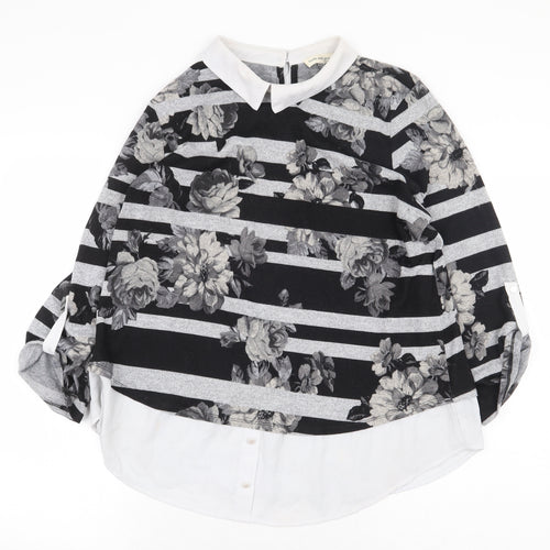 Monteau Womens Grey Striped Polyester Basic Blouse Size M Collared - Flowers