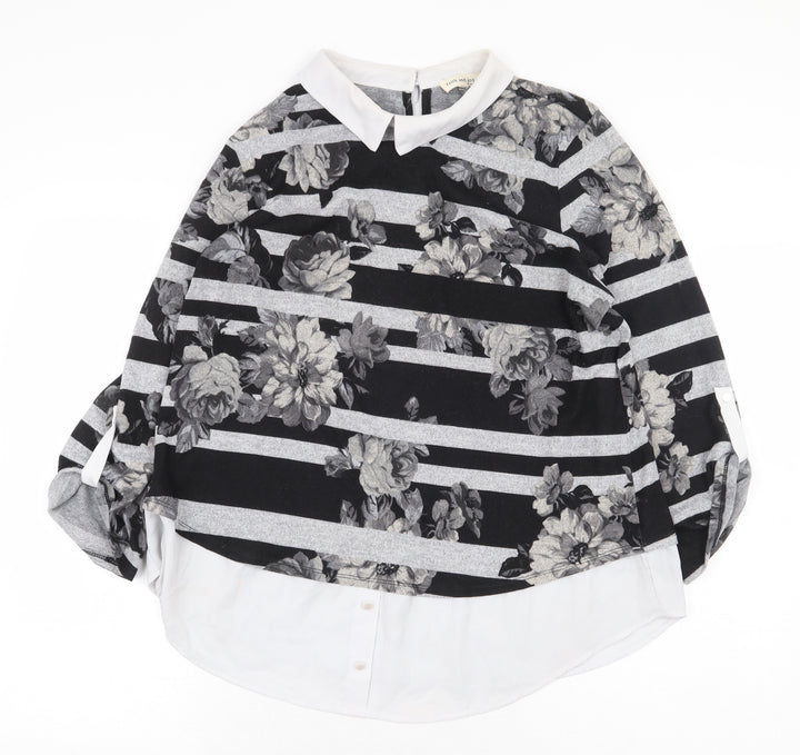 Monteau Womens Grey Striped Polyester Basic Blouse Size M Collared - Flowers