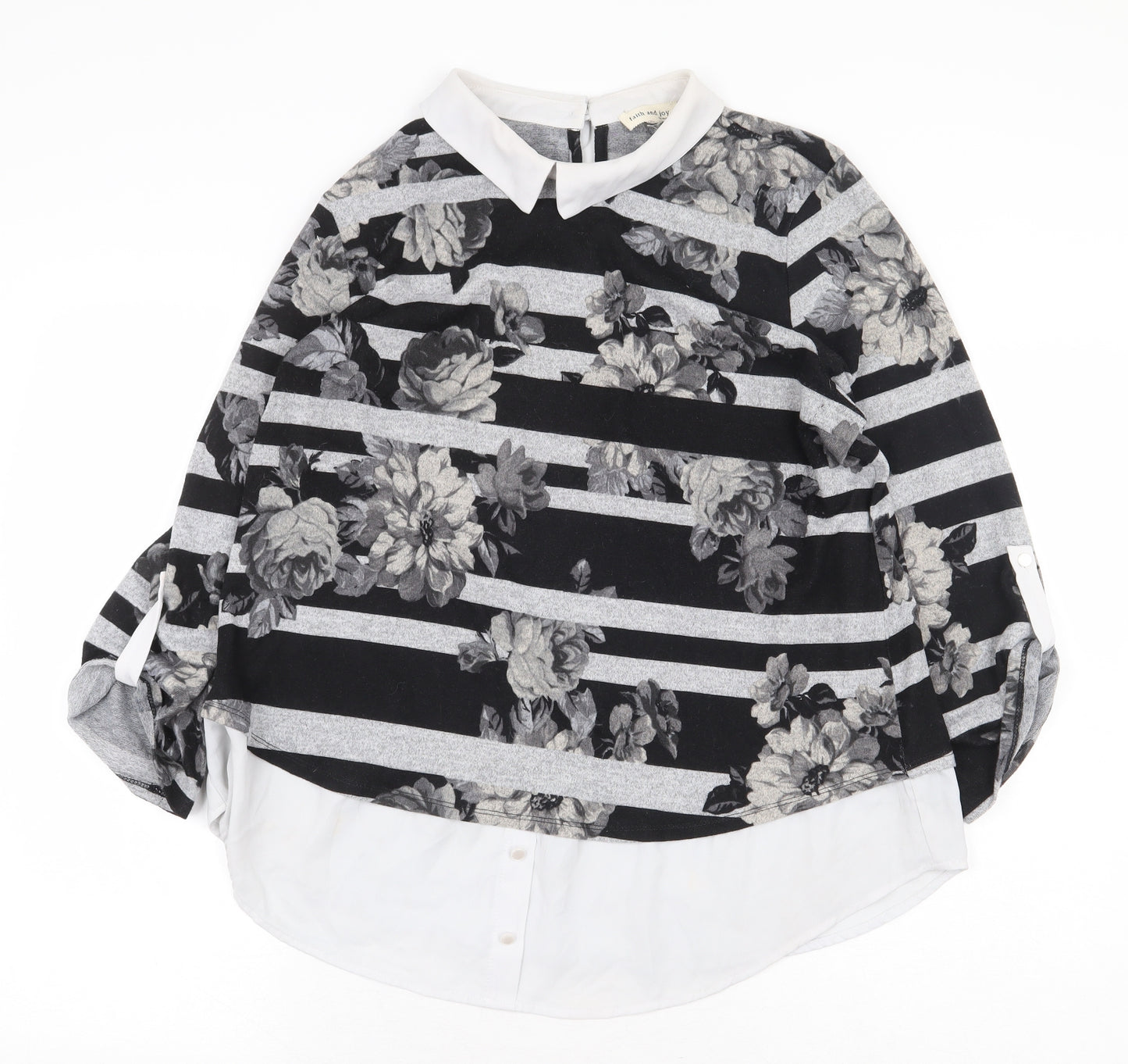 Monteau Womens Grey Striped Polyester Basic Blouse Size M Collared - Flowers