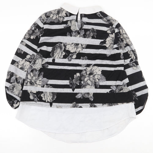 Monteau Womens Grey Striped Polyester Basic Blouse Size M Collared - Flowers