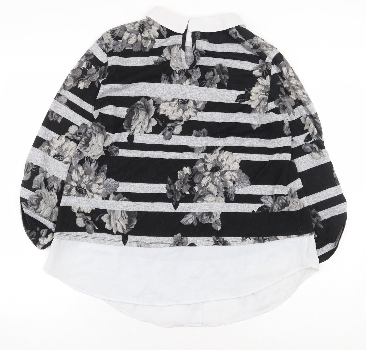 Monteau Womens Grey Striped Polyester Basic Blouse Size M Collared - Flowers